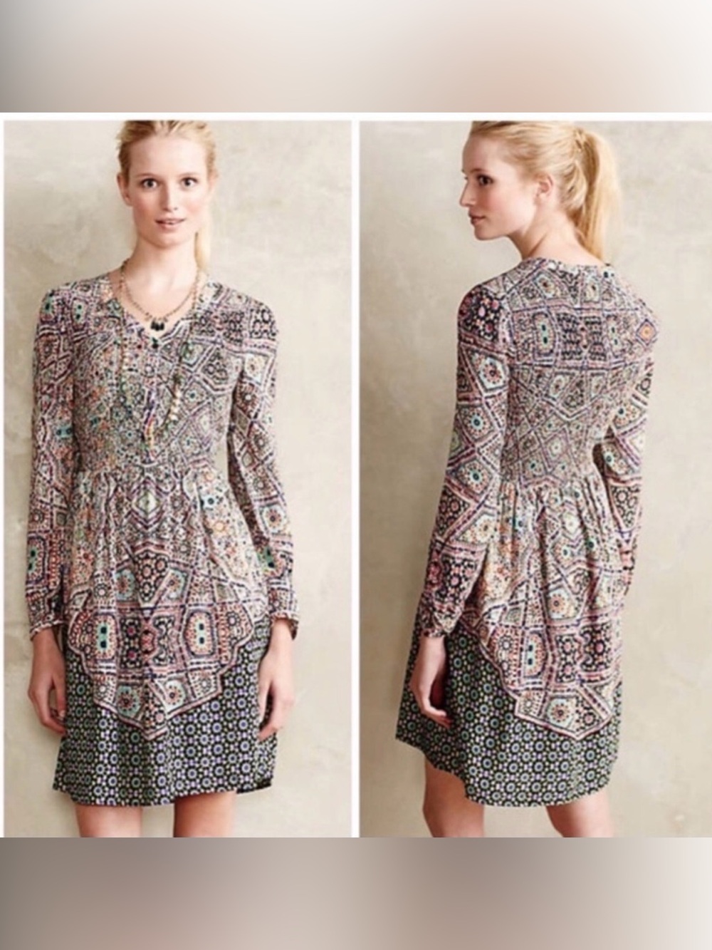 Anthropologie Maeve Boho Amethyst Geometric Mosaic Smocked V-Neck Dress Size S